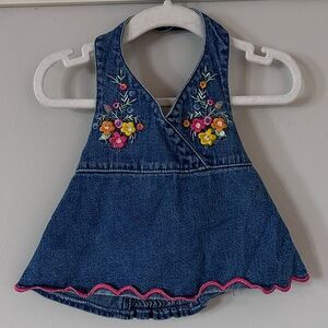 Arizona Jean Company Denim Halter Dress with Floral Embroidery Vintage
